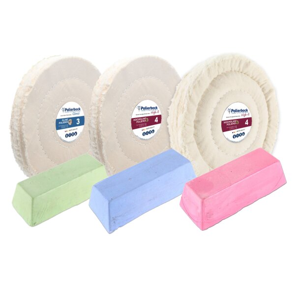 6-tlg. Edelstahl VA Polierset 125 mm Polierscheiben Pasten Polierbock 32/33mm